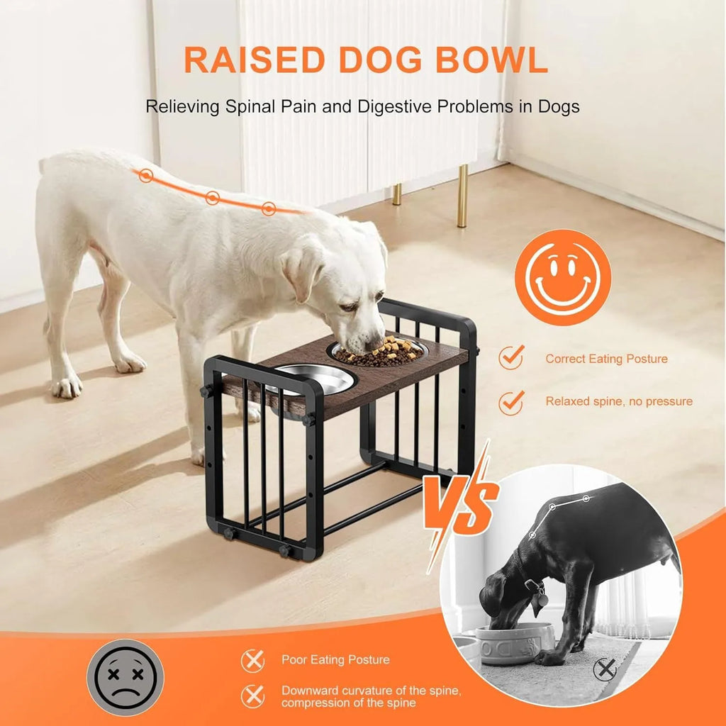 Black wooden dog bowl stand with non-slip bracket, dimensions 37x23cm.
