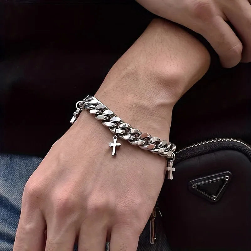 Men's titanium steel cross bracelet with geometric design in cold wind style