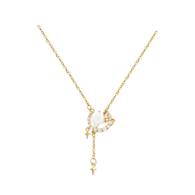 Gold and silver star moon sparkling zirconium necklace on an adjustable copper chain for women.
