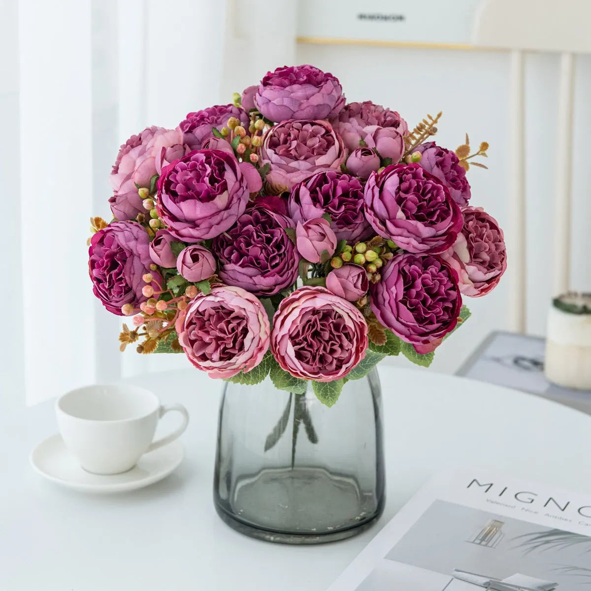 Artificial silk peony bouquet arrangement in a choice of five colours.