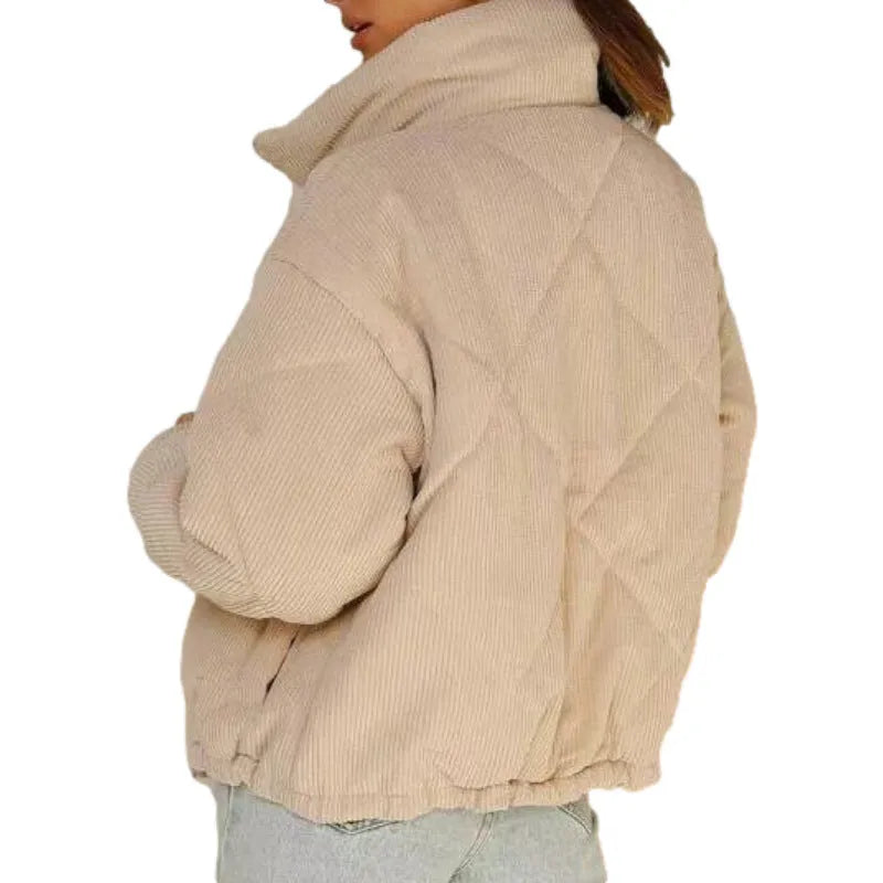 Women's Apricot corduroy zip-front jacket with a stand collar and wadded construction.