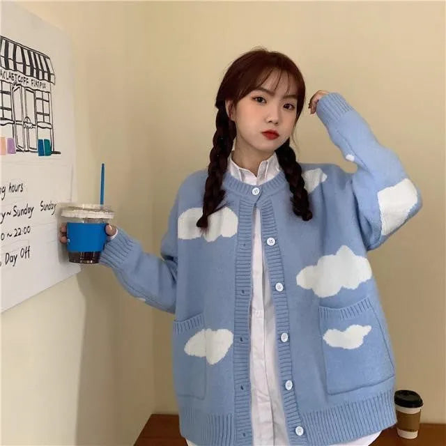 Blue cloud pattern women's loose spandex cardigan sweater with long sleeves