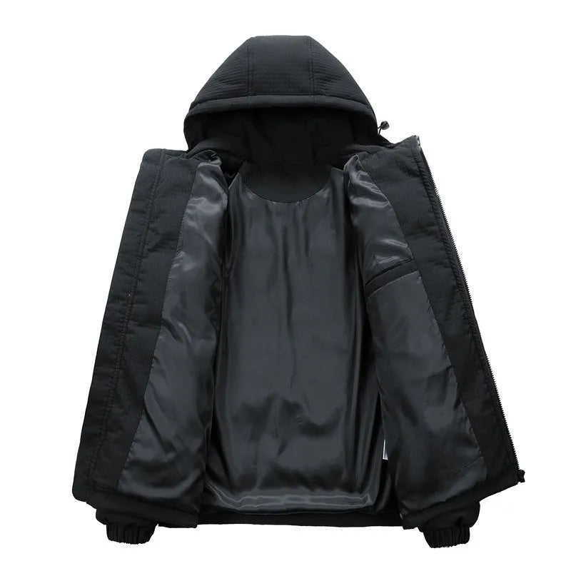 Men's black winter coat with hood and side pockets in Korean-style design