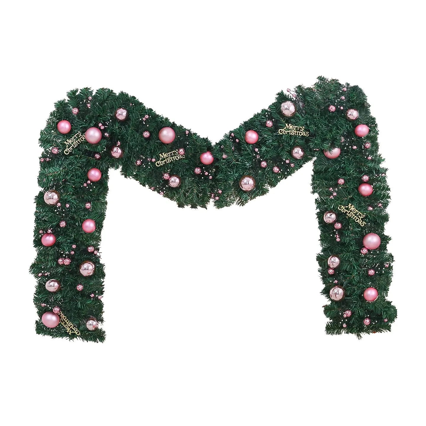 2.7 metre pink Christmas rattan garland with small fruit details and LED string lights displayed along mantelpiece