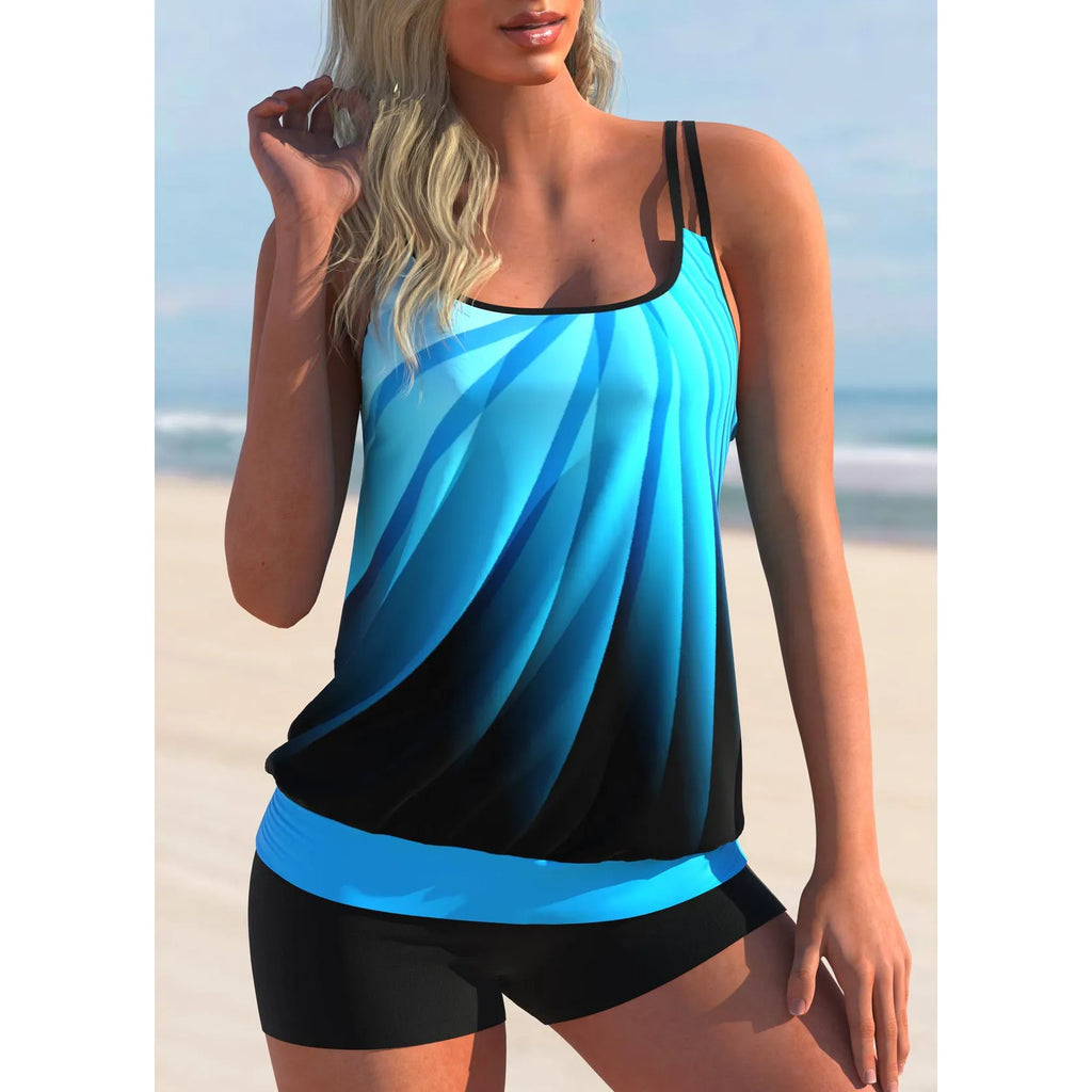 Plus size women's swimsuit set with butterfly print including strapped top and matching shorts