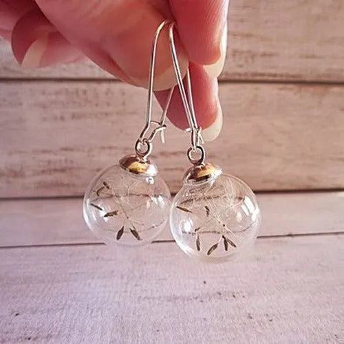 Transparent glass ball earrings with dandelion seed crystal decoration and French hooks