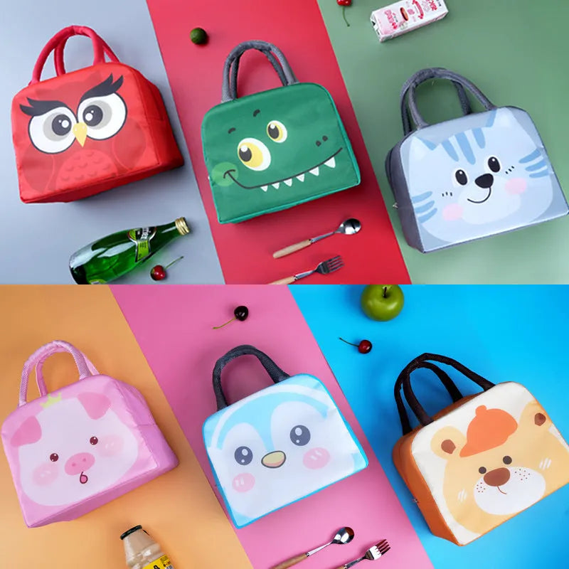 Children's insulated lunch box bag with thick aluminium foil insulation in cartoon animal designs
