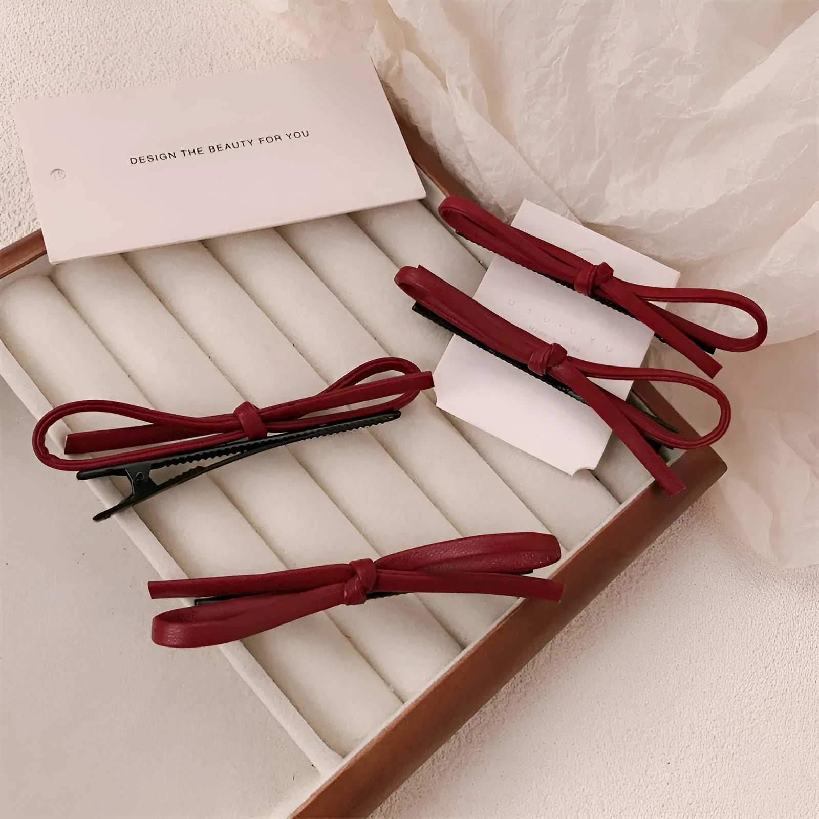 Wine red leather bow hair barrettes with manual processing and advanced styling for women