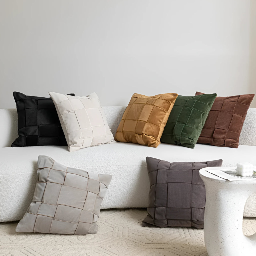Square chenille woven pillow cushion showing textured fabric in various colour options