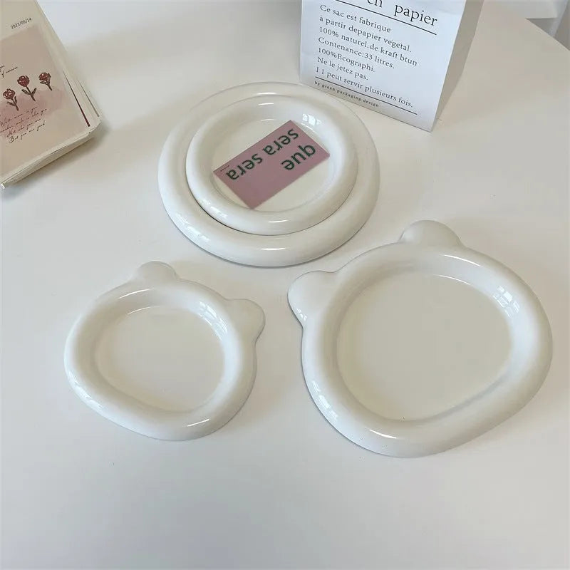 White ceramic plant tray with bear or round doodle design in 15cm or 20cm size