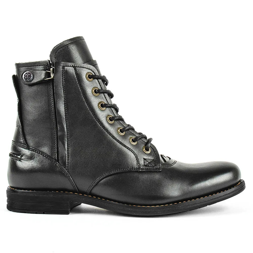 Knight Series two-tone black and brown leather boots with a side zipper and low heel.