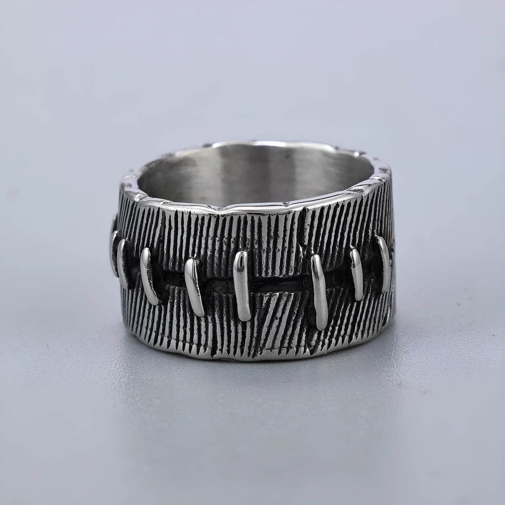 Dark punk titanium steel ring with geometric U-shape and double ring design