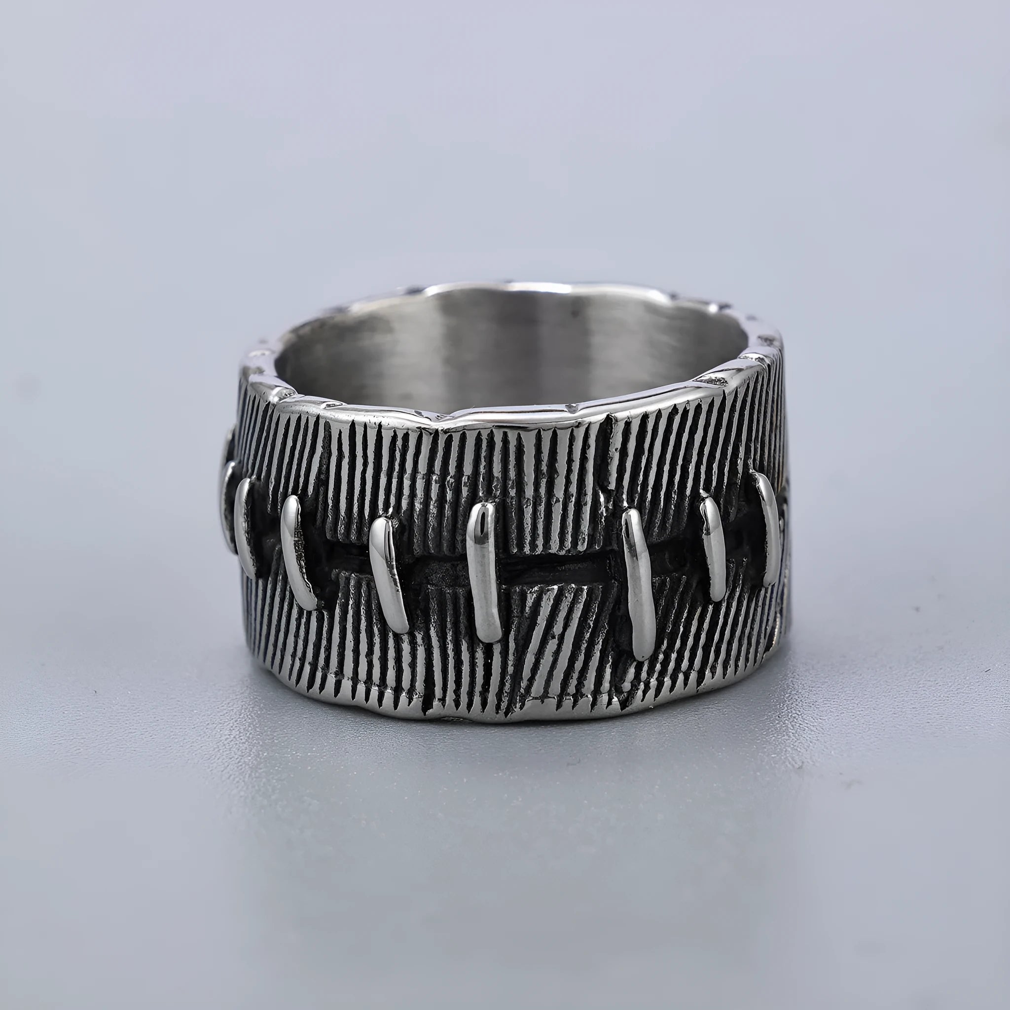 Dark punk titanium steel ring with geometric U-shape and double ring design