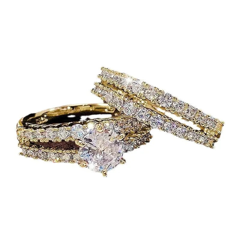 2 in 1 female ring set with fashion and fully-jewelled designs in three metallic colours