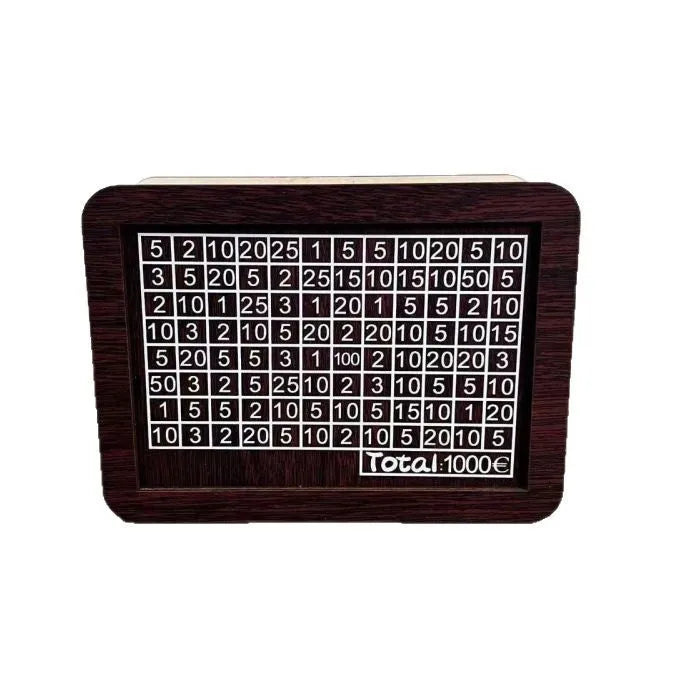 Retro style wooden digital coin bank with LED display and currency-themed design options.