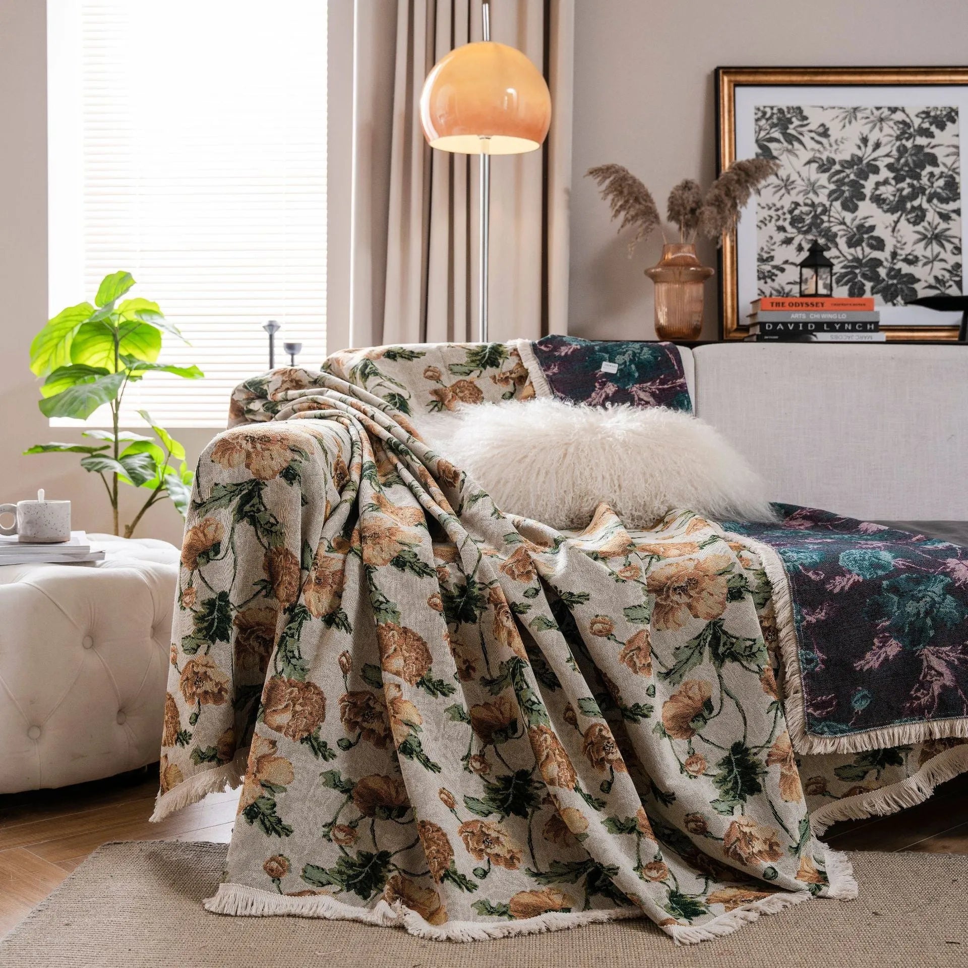 American country style floral jacquard pattern sofa cover in polyester cotton on a sofa.