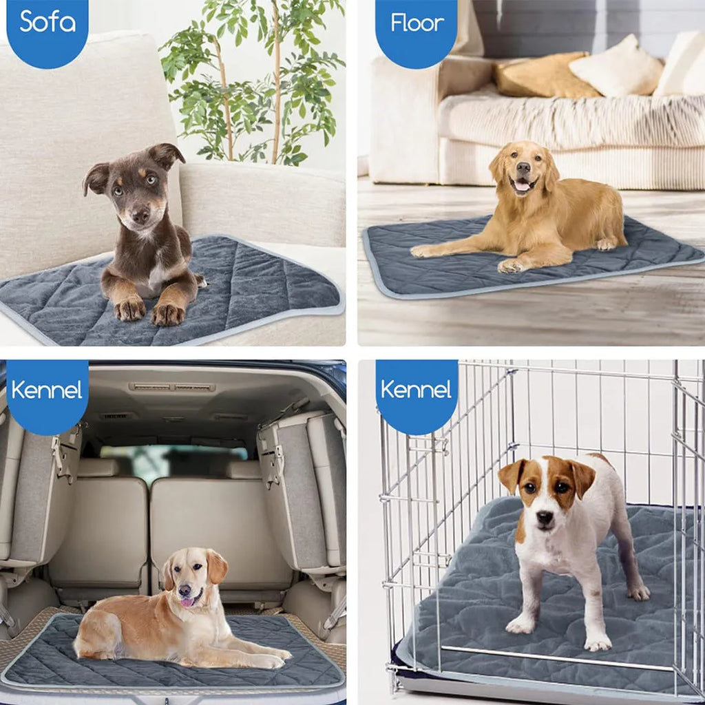 Grey cloth pet cushion in rectangular shape on floor as dog or cat bed