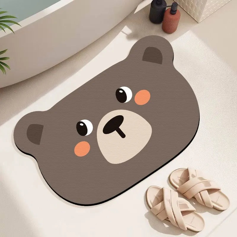 Cartoon animal pattern diatom ooze absorbent non-slip bathroom mat in brown bear design.