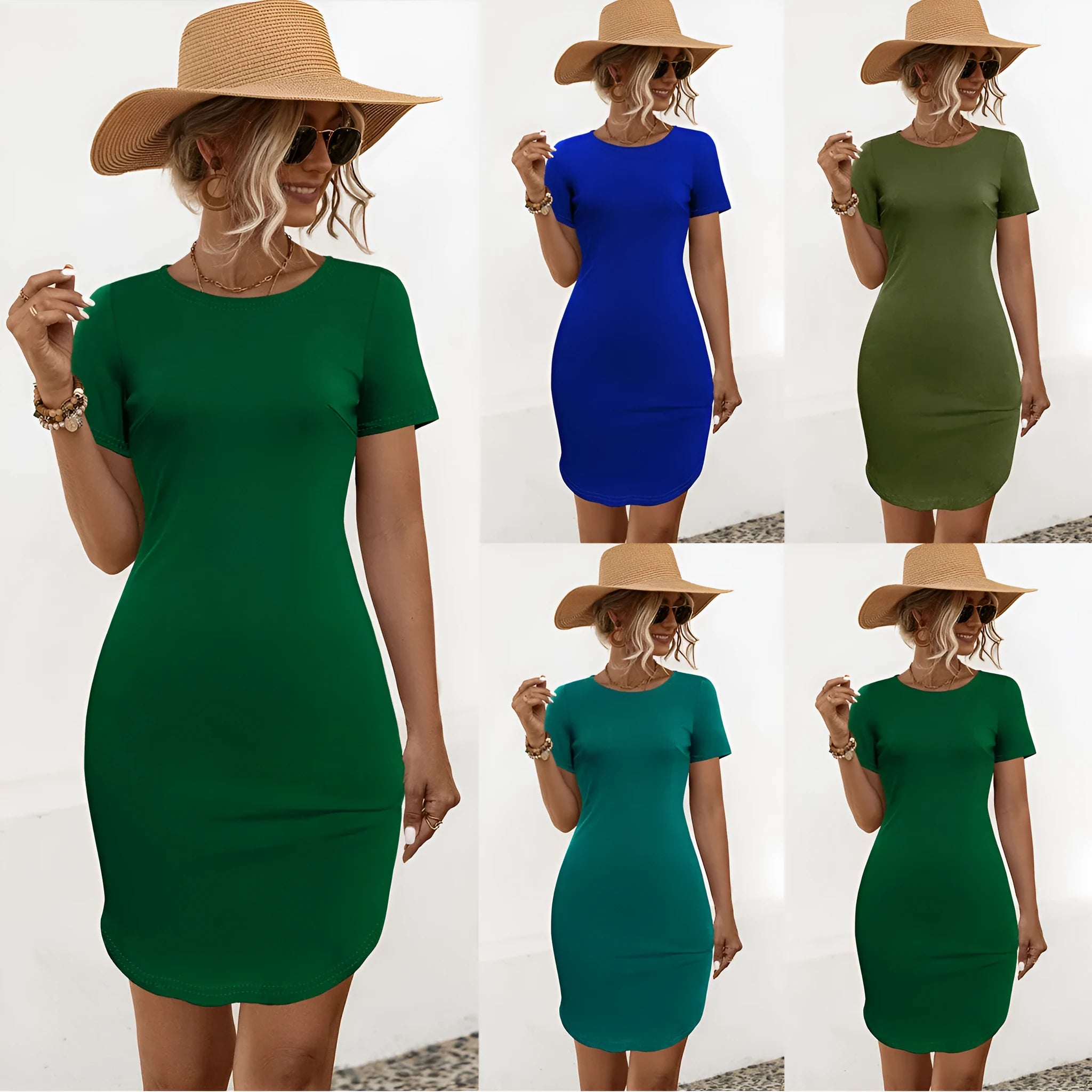 Women's slim U-shaped split dress in cotton blend fabric with short sleeves in dark green colour