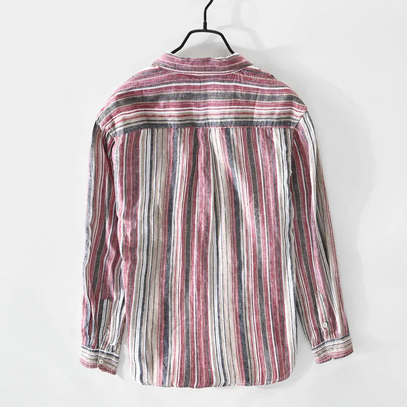 Men's grey linen striped shirt with long sleeves and loose casual fit
