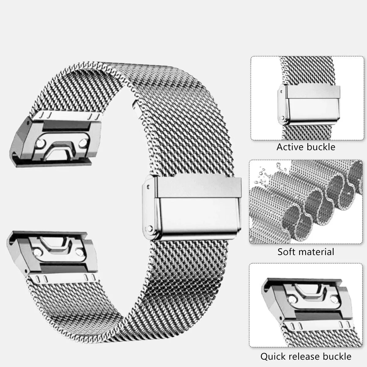 Stainless steel Garmin Fenix watch strap replacement in silver black gold rose gold colours