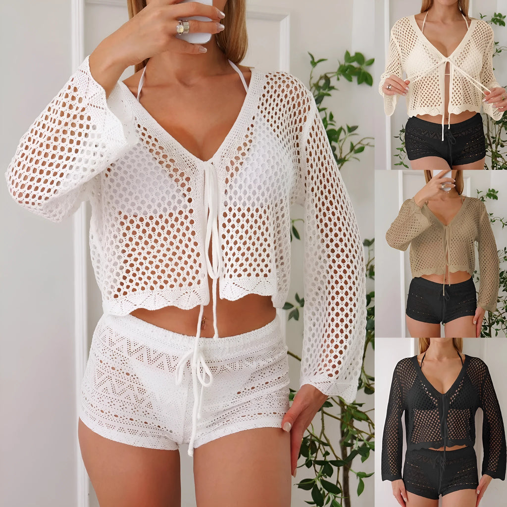 Women's apricot hollow woven cardigan blouse with bell sleeves, short length.