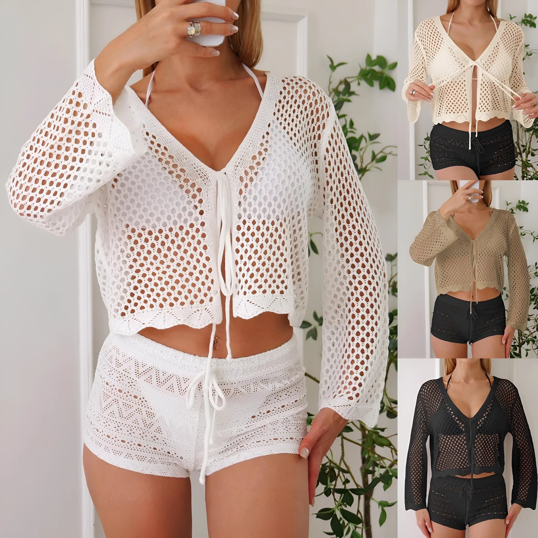 Women's apricot hollow woven cardigan blouse with bell sleeves, short length.