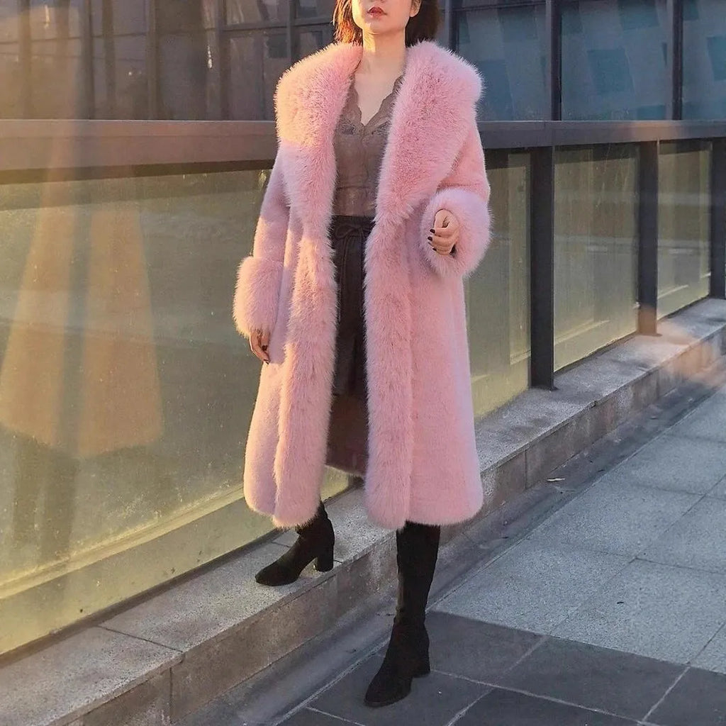 Women's grey thick faux rabbit fur mid-length coat with a large artificial fur collar.