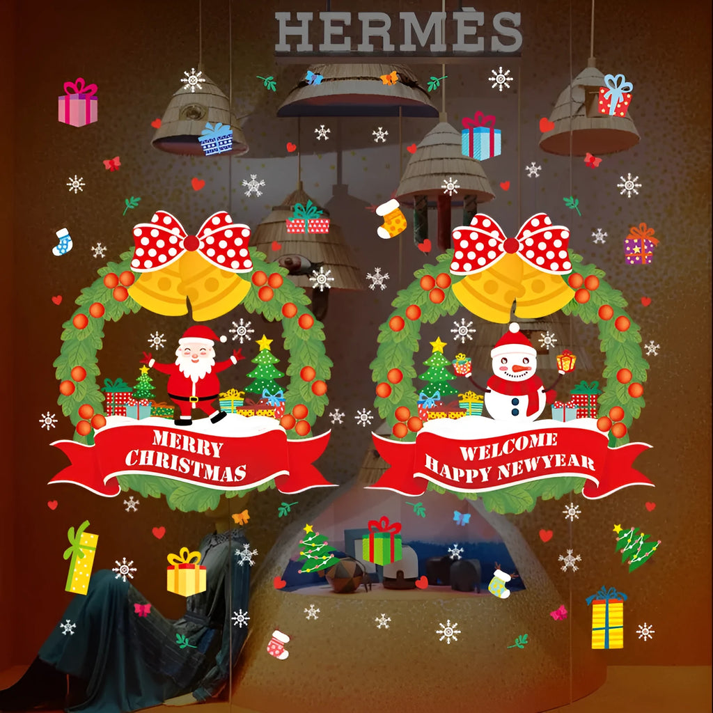 Two large 60x45cm PVC electrostatic Christmas wall stickers with cartoon patterns for glass windows