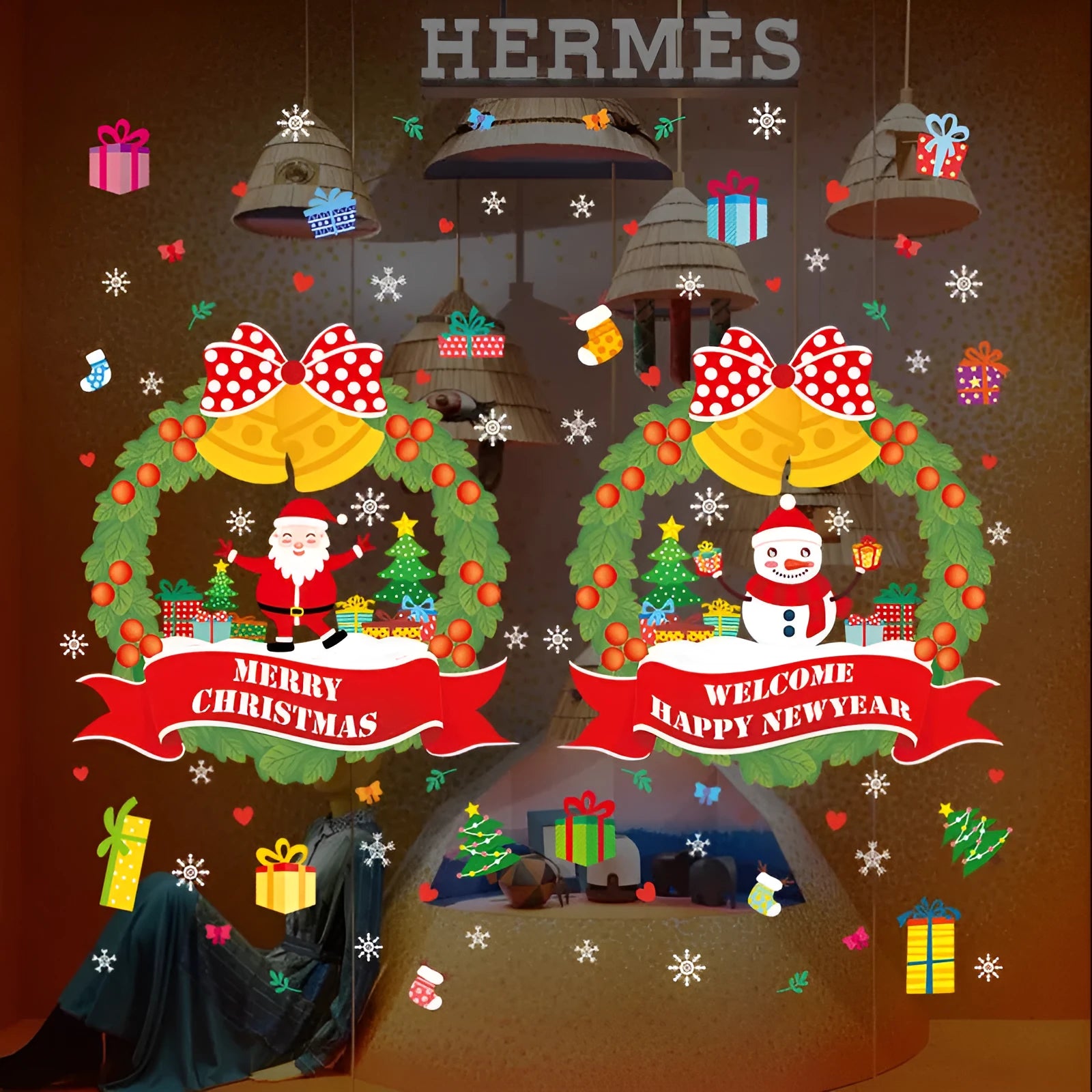 Two large 60x45cm PVC electrostatic Christmas wall stickers with cartoon patterns for glass windows