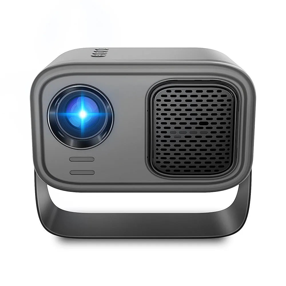 Black portable smart projector with remote control showing HD 1280x720 resolution and Android compatibility