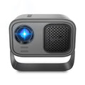 Black portable smart projector with remote control showing HD 1280x720 resolution and Android compatibility