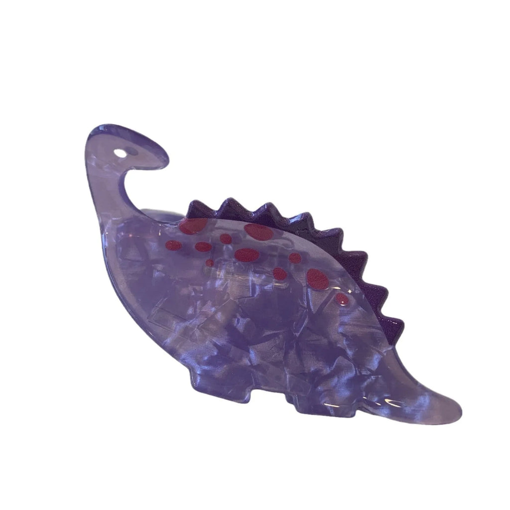 Dinosaur acrylic hair clip with jaw grip in various dinosaur designs including pink pterosaur and green stegosaurus