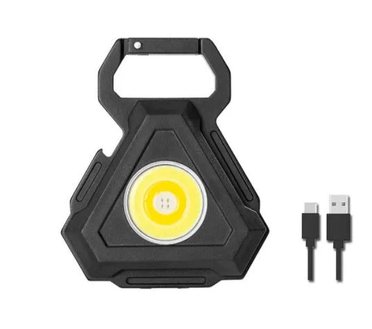 Black aluminium alloy USB rechargeable keychain torch with magnetic base and foldable handle.