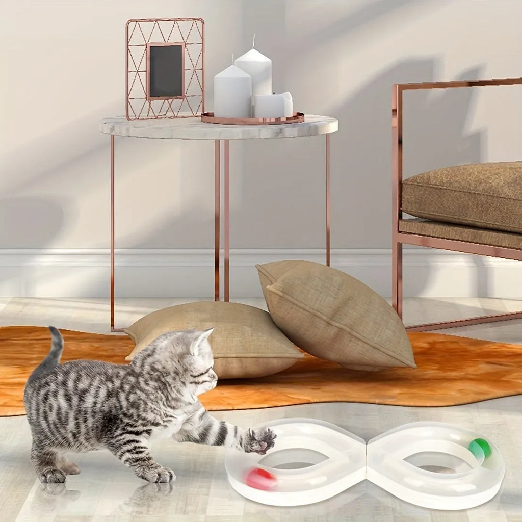 Blue and white cat turntable track ball toy with built-in teaser stick measuring 50 cm