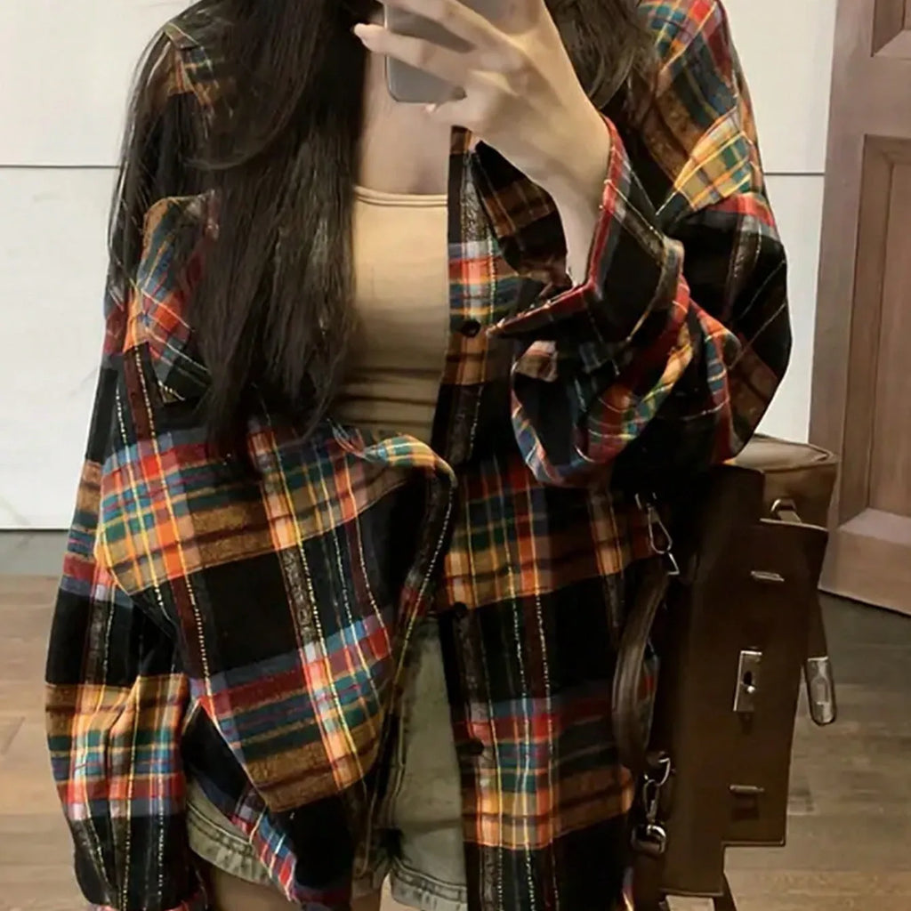 Women's loose fit cotton plaid shirt in black, green and purple colour options
