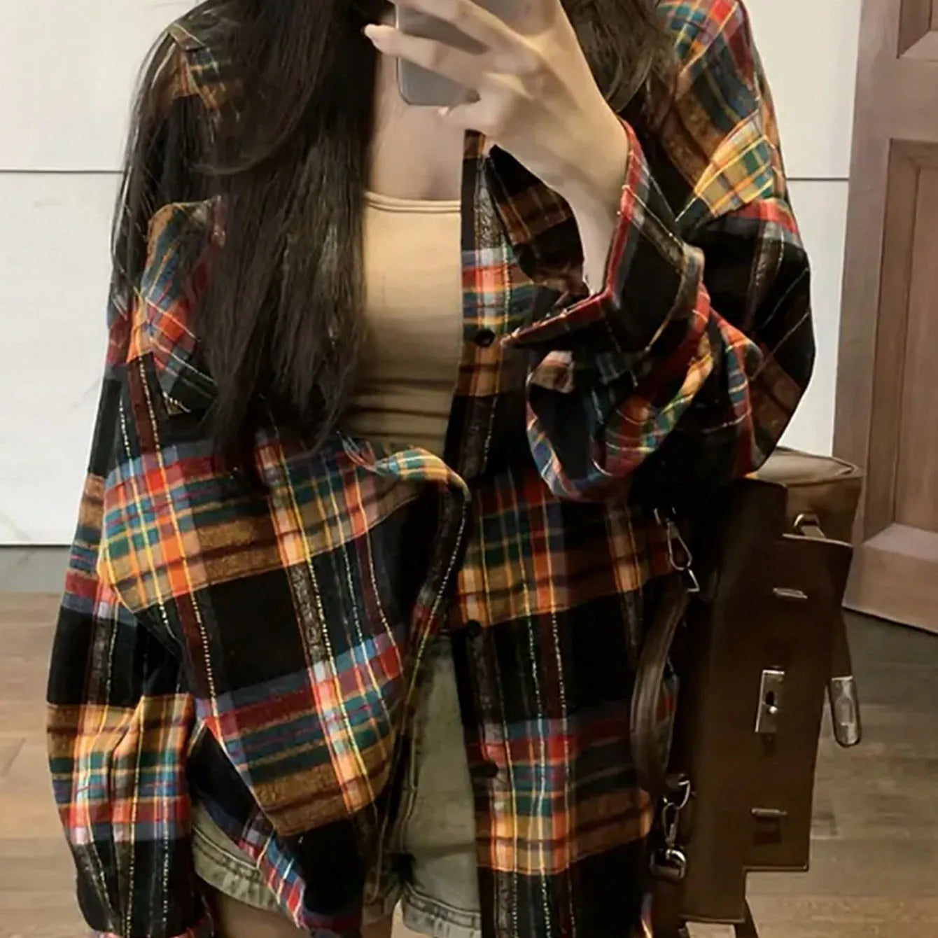 Women's loose fit cotton plaid shirt in black, green and purple colour options