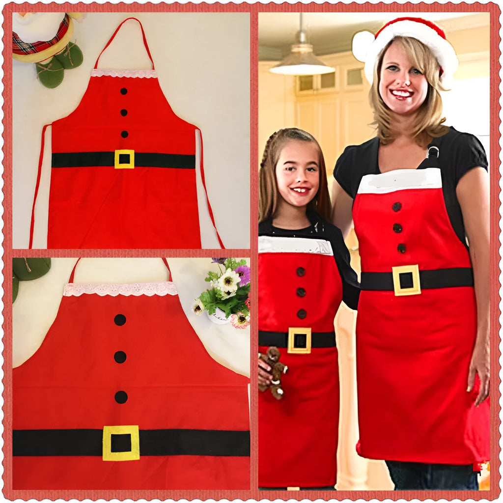 Red Merry Christmas polyester apron with adjustable straps for adult and children sizes