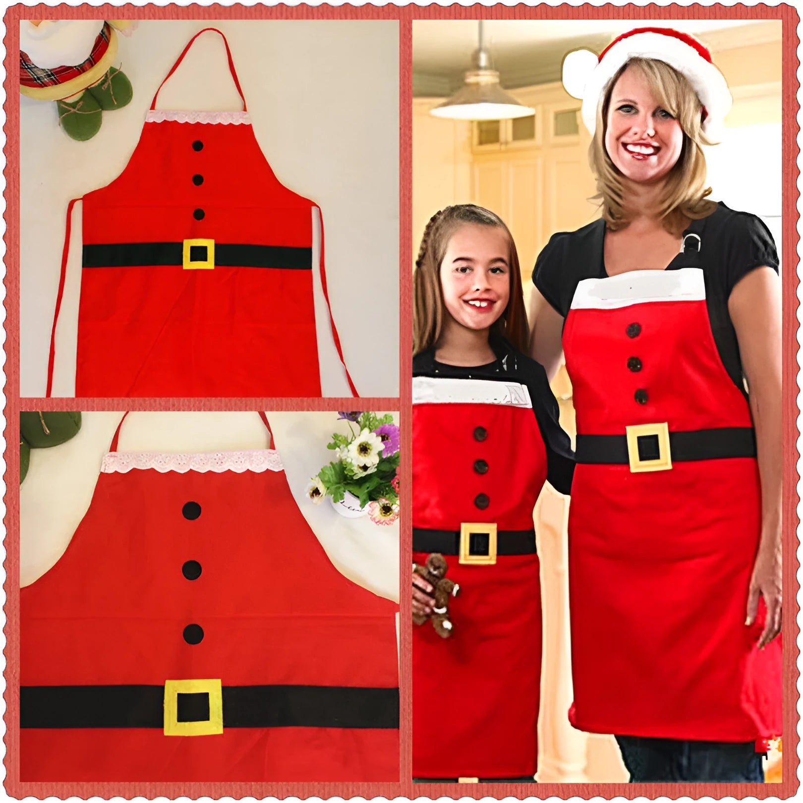 Red Merry Christmas polyester apron with adjustable straps for adult and children sizes