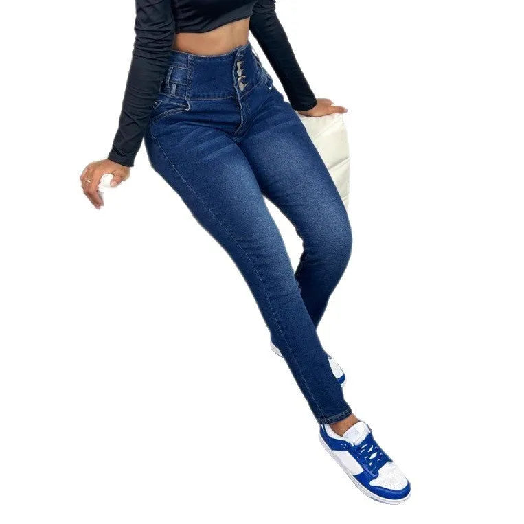 Women's dark blue straight-leg denim jeans with button and zipper closure on a white background.