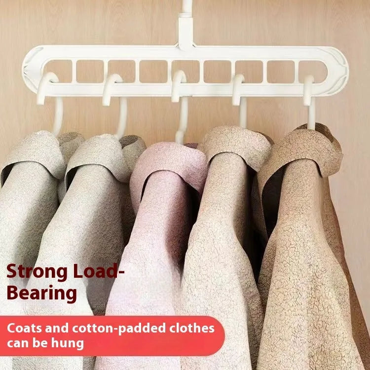 Plastic multifunctional hanger with nine holes for folding trousers, shown in a choice of colours