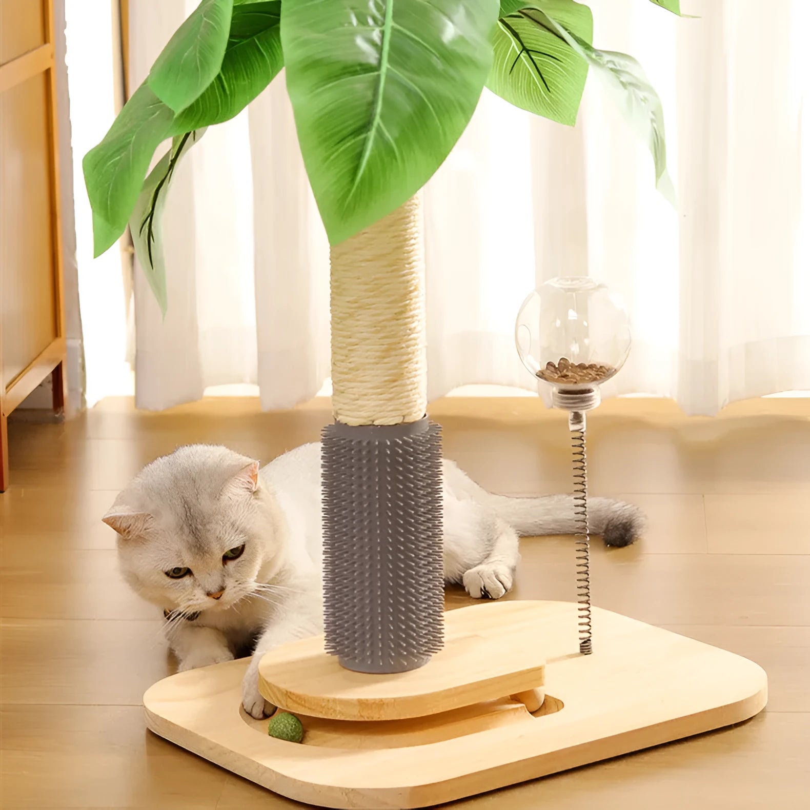 Wooden vertical cat scratching post with chamfered grab column details and simple design