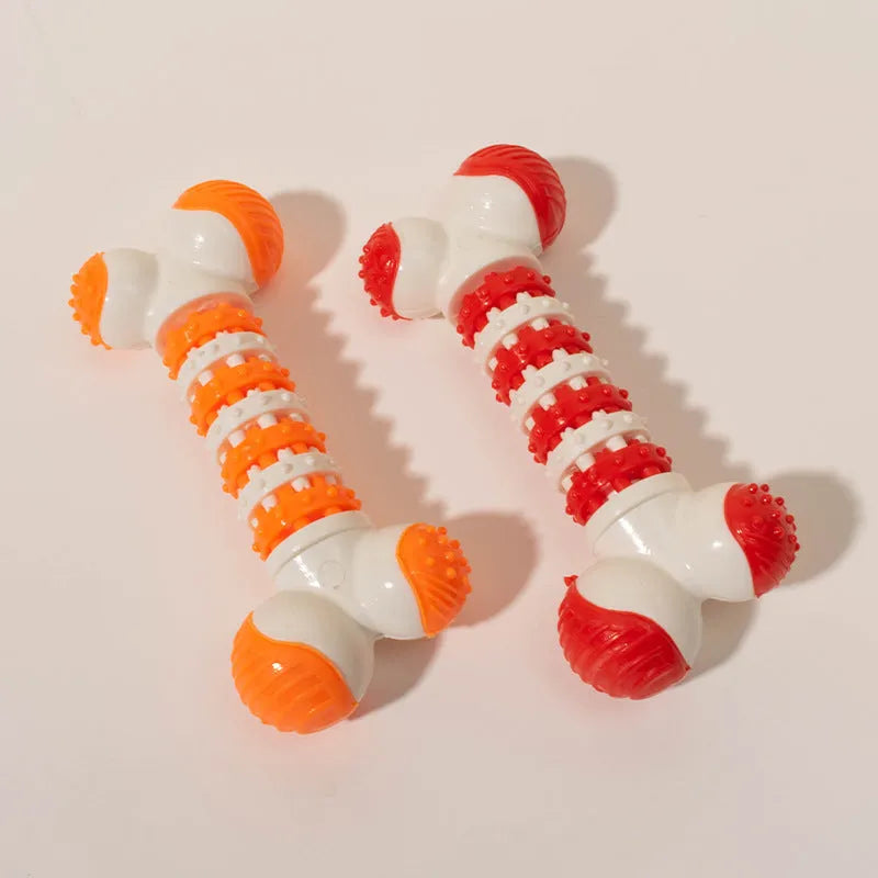 Blue bone-shaped interactive dog chew toy with a treat holder in the centre, for small breeds.