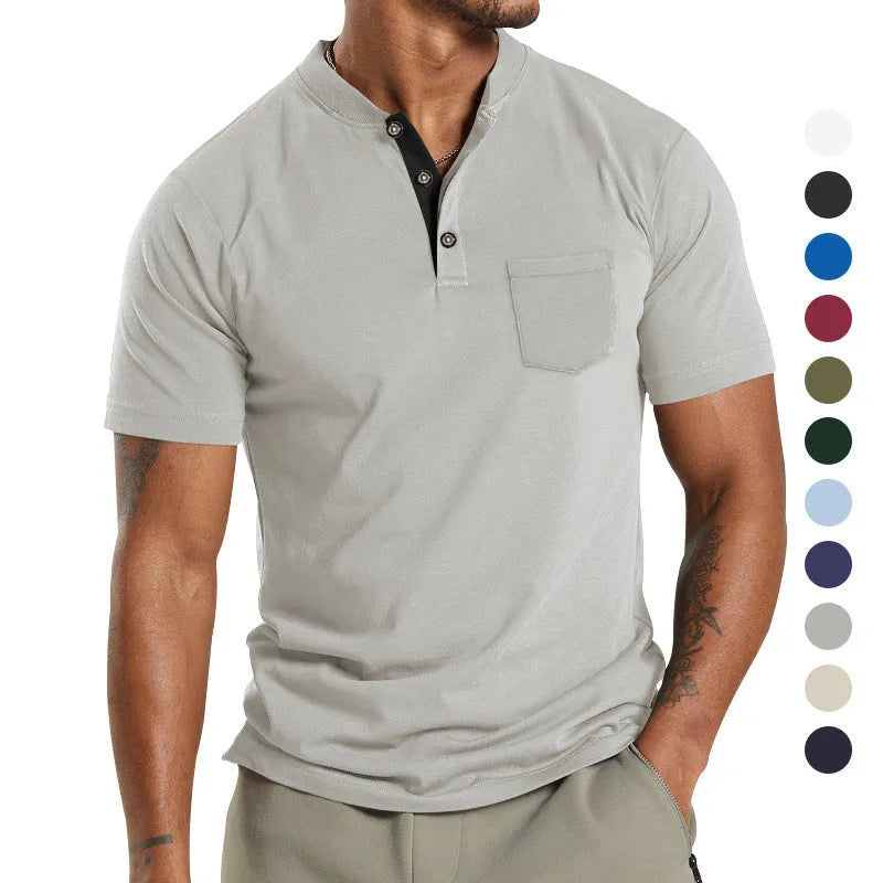 Plus size man wearing a short sleeve solid colour shirt with a button pocket on the sleeve.