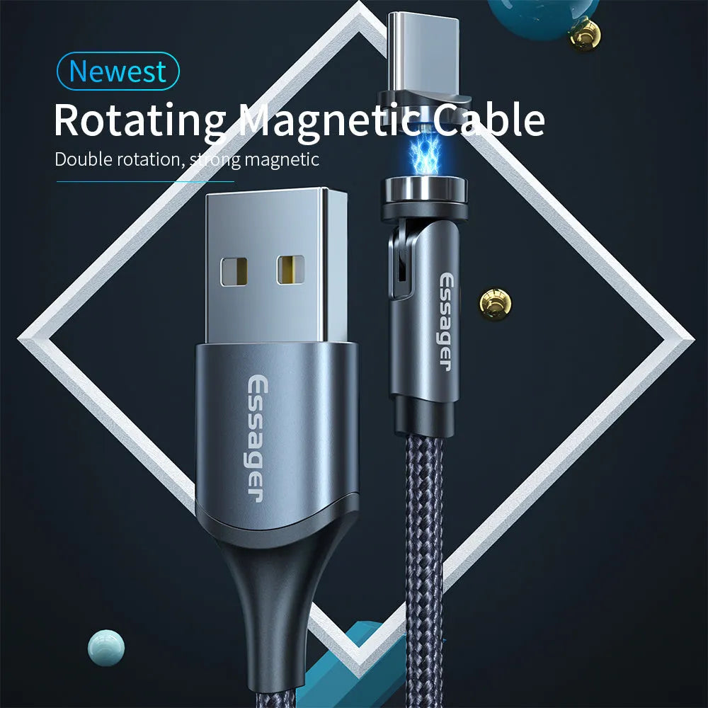 Black magnetic USB charging cable with rotating aluminium connector and blue LED light on 1m nylon braided cable