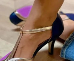 Women's round toe high heels with button fastening in light blue pink colour showing side profile