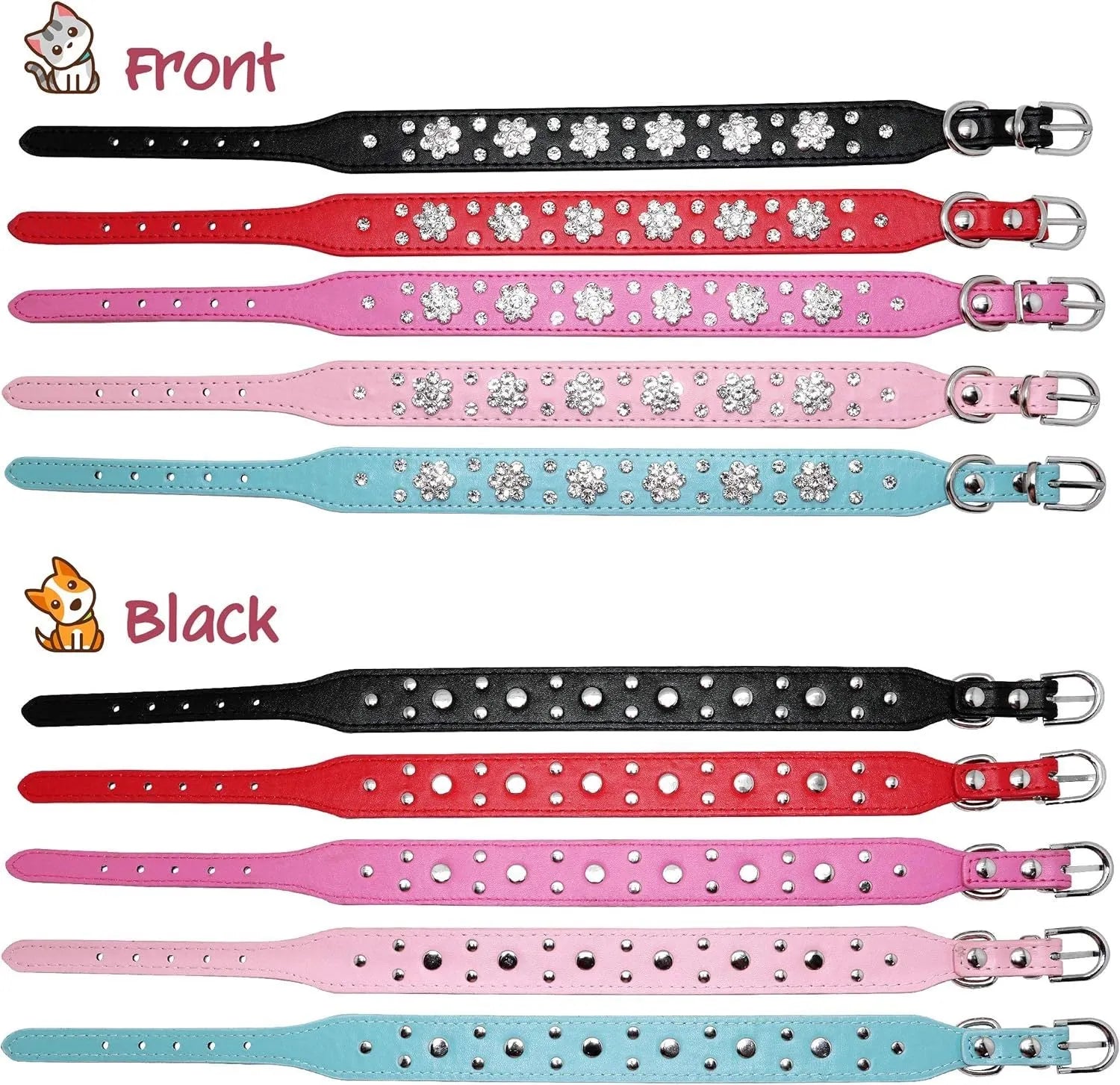 PU leather dog collar with rhinestone flower patterns and metal studs in adjustable sizes