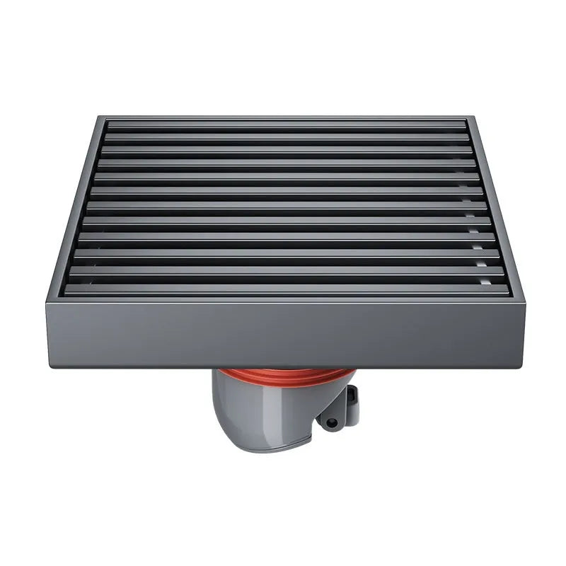 Gun grey 304 stainless steel courtyard floor drain measuring 15cm by 15cm with visible grating.