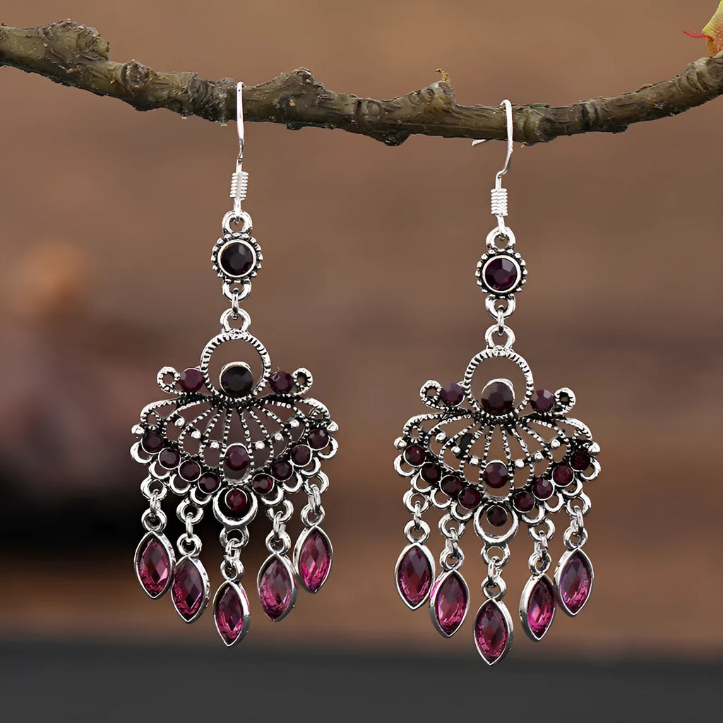 Purple retro court crystal long fringe drop earrings with ethnic style elements