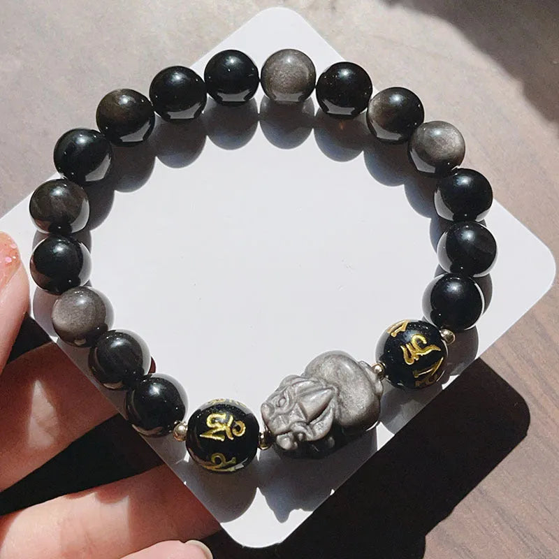 Men's silver stone bracelet with zodiac motifs, anniversary engraving and proverb beads in Chinese style